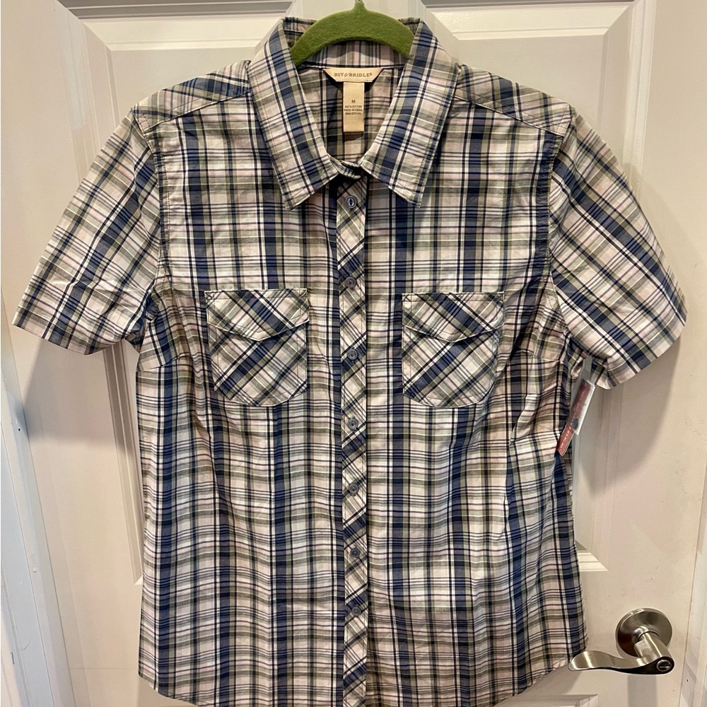 Short-Sleeve Plaid Button-Down Shirt - Navy & White by Nautica